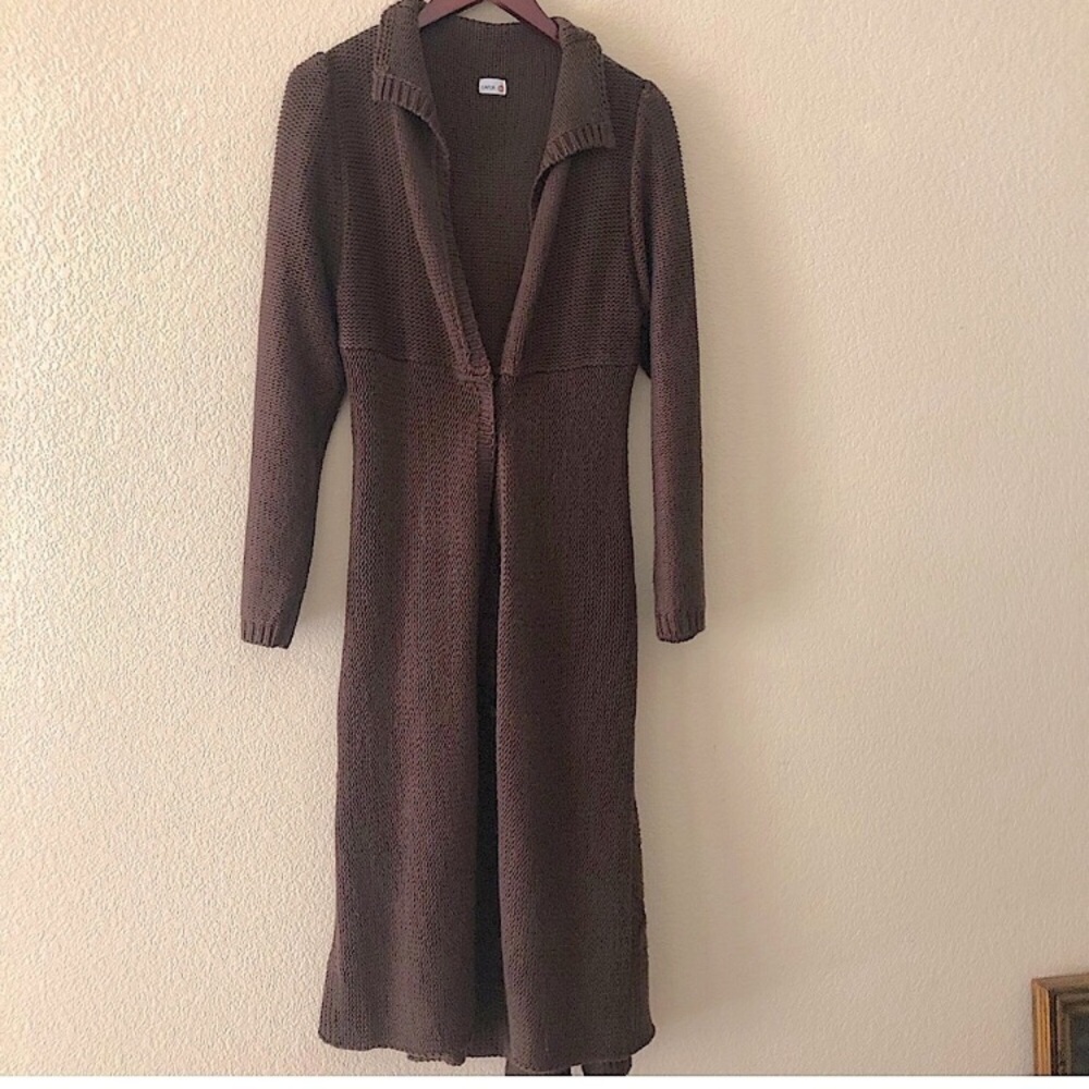 Catch 22 Vintage Brown Garter Knit Maxi Duster Cardigan Snap Corset Long Coat